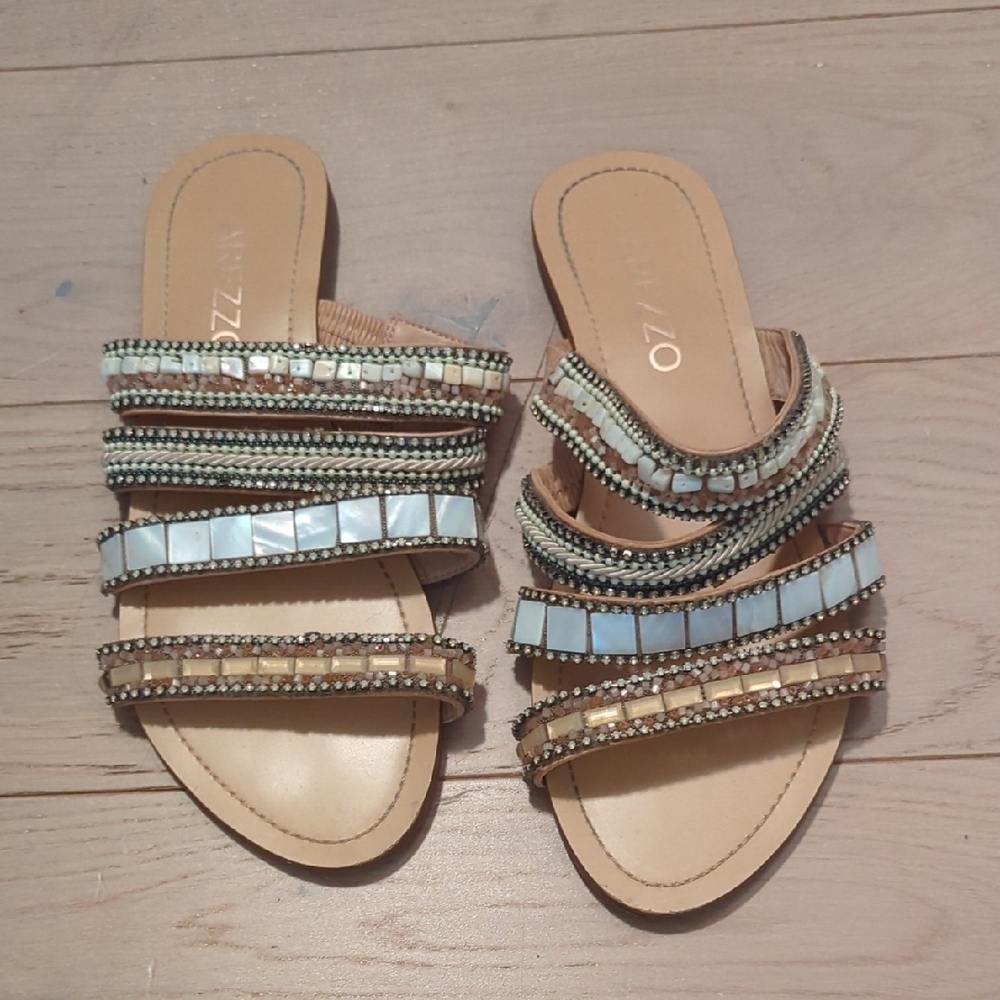 Elegant Beaded Sandals - Cream and Tan